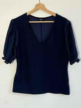 Saint + Sofia Navy Tori Puff Sleeve V-Neck Top size 12